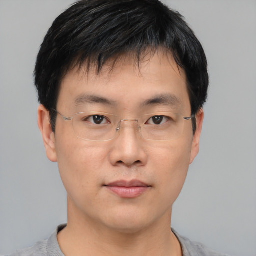 Neutral asian young-adult male with short  black hair and brown eyes