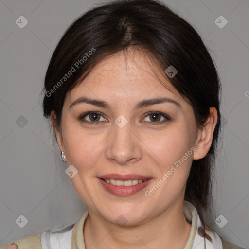 Joyful white young-adult female with medium  brown hair and brown eyes