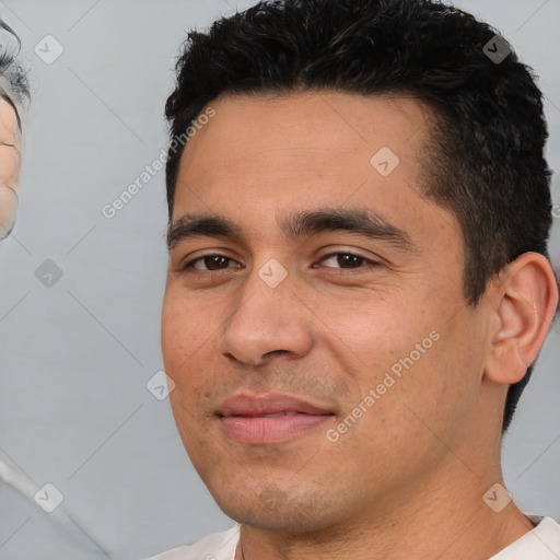 Joyful white young-adult male with short  black hair and brown eyes