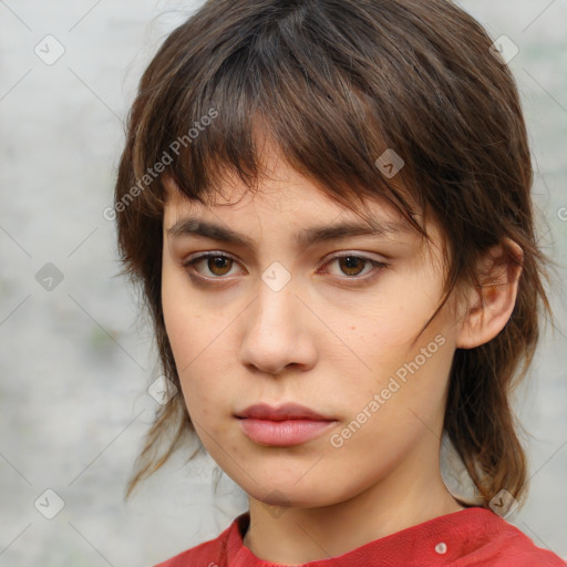 Neutral white young-adult female with medium  brown hair and brown eyes