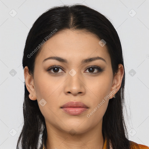 Joyful asian young-adult female with long  brown hair and brown eyes