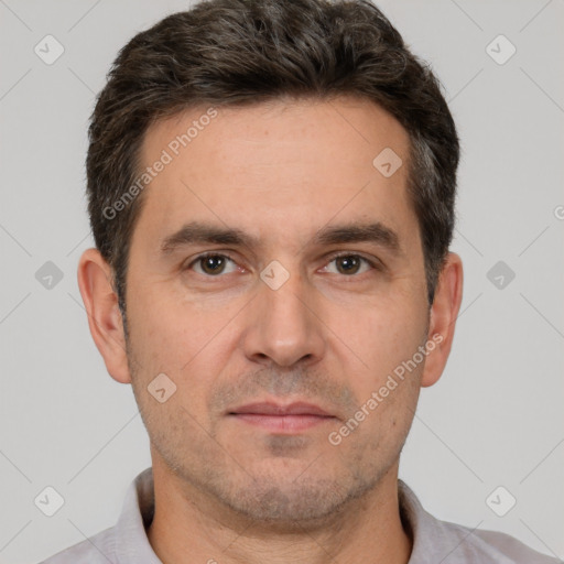 Neutral white adult male with short  brown hair and brown eyes