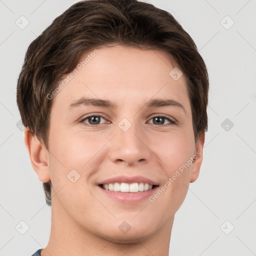 Joyful white young-adult female with short  brown hair and grey eyes