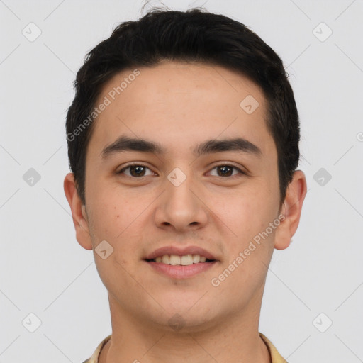 Joyful white young-adult male with short  black hair and brown eyes