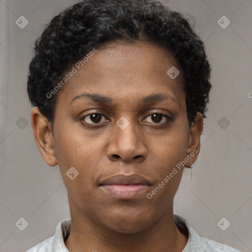 Neutral black young-adult female with short  brown hair and brown eyes