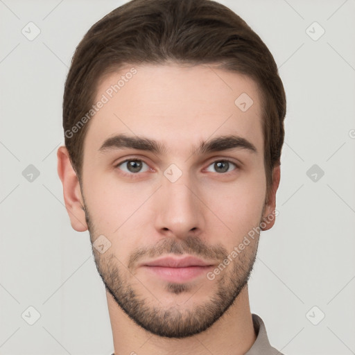 Neutral white young-adult male with short  brown hair and brown eyes