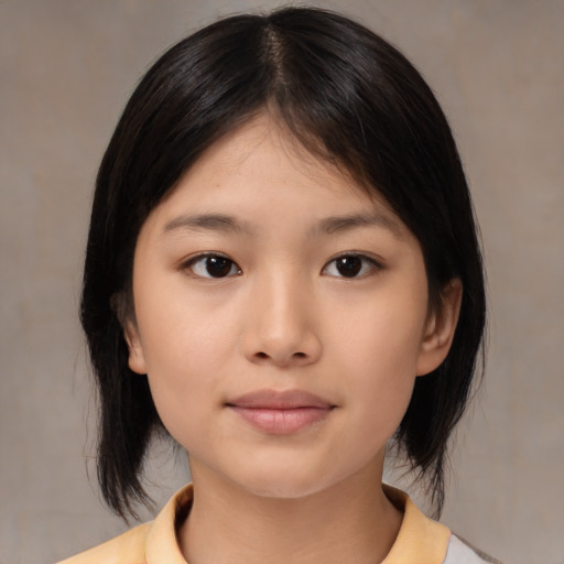 Neutral asian young-adult female with medium  black hair and brown eyes