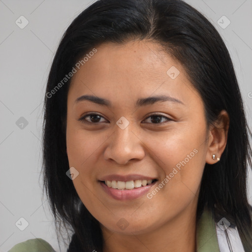 Joyful white young-adult female with long  brown hair and brown eyes