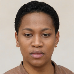 Neutral black young-adult female with short  black hair and brown eyes