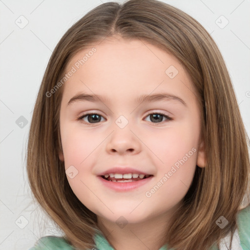 Joyful white child female with medium  brown hair and brown eyes