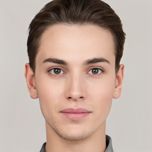 Neutral white young-adult male with short  brown hair and brown eyes