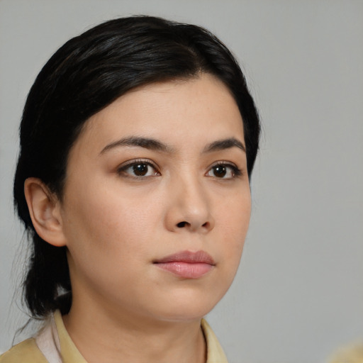 Neutral asian young-adult female with medium  black hair and brown eyes