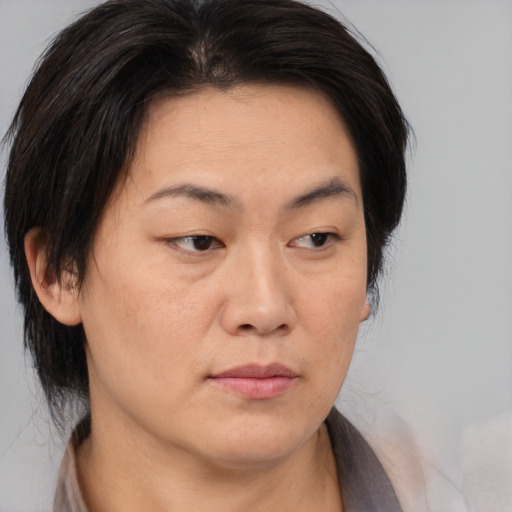 Neutral asian adult female with medium  brown hair and brown eyes