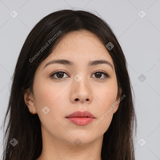 Neutral asian young-adult female with long  brown hair and brown eyes