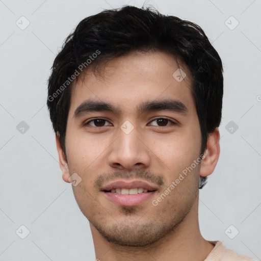 Joyful white young-adult male with short  black hair and brown eyes