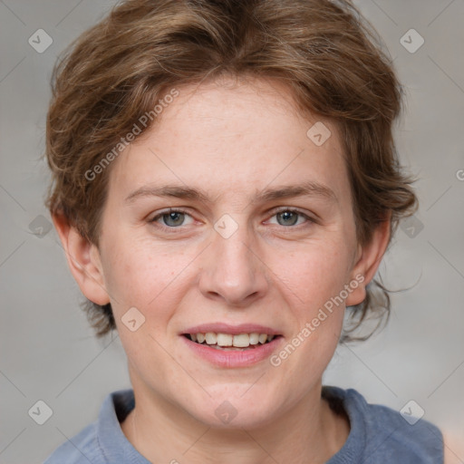 Joyful white young-adult female with medium  brown hair and blue eyes