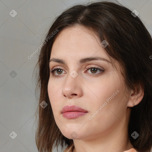 Neutral white young-adult female with medium  brown hair and brown eyes