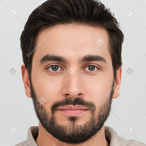 Neutral white young-adult male with short  brown hair and brown eyes