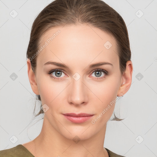 Neutral white young-adult female with medium  brown hair and grey eyes