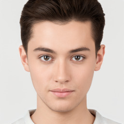 Neutral white young-adult male with short  brown hair and brown eyes