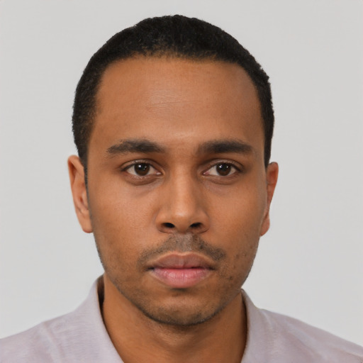 Neutral black young-adult male with short  black hair and brown eyes