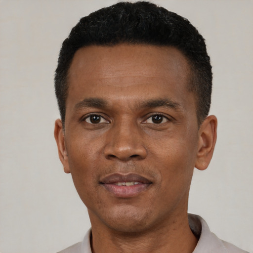 Neutral black young-adult male with short  black hair and brown eyes