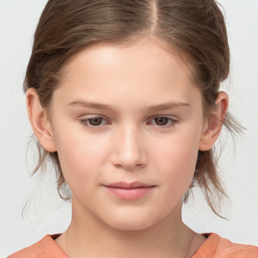 Joyful white child female with medium  brown hair and brown eyes