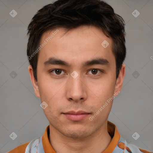 Neutral white young-adult male with short  brown hair and brown eyes