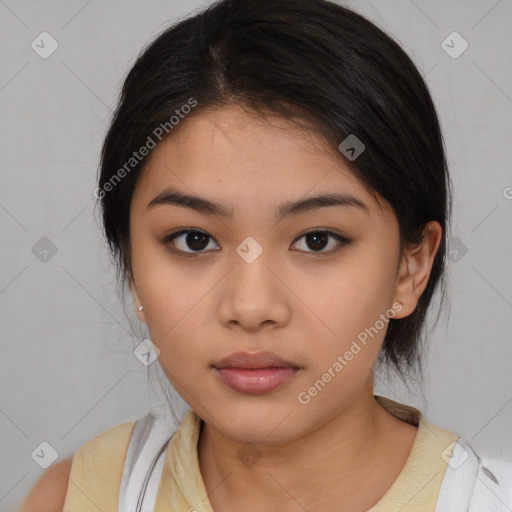 Neutral asian young-adult female with medium  brown hair and brown eyes