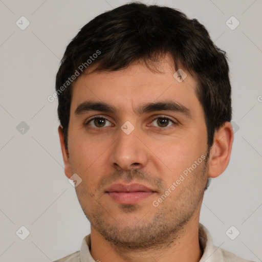 Neutral white young-adult male with short  brown hair and brown eyes