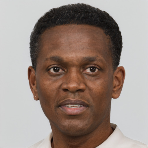 Neutral black adult male with short  black hair and brown eyes