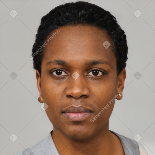 Neutral black young-adult female with short  black hair and brown eyes