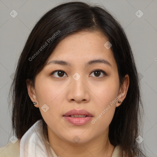 Neutral asian young-adult female with medium  brown hair and brown eyes