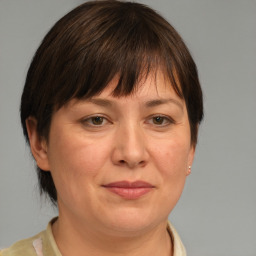 Joyful white adult female with medium  brown hair and brown eyes