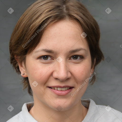 Joyful white adult female with medium  brown hair and brown eyes