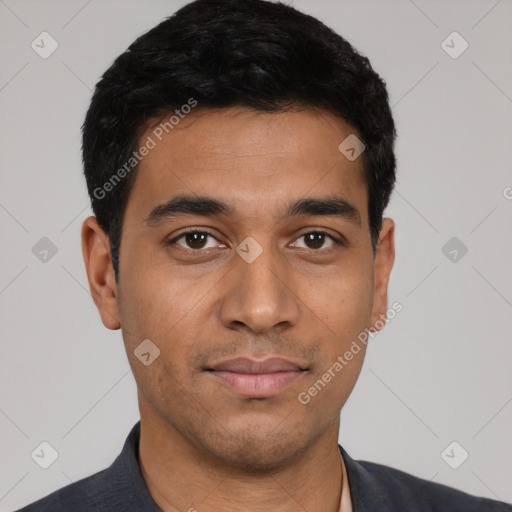 Neutral latino young-adult male with short  black hair and brown eyes