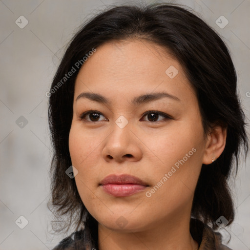 Joyful asian young-adult female with medium  brown hair and brown eyes