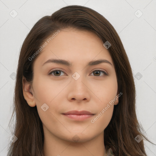 Neutral white young-adult female with long  brown hair and brown eyes