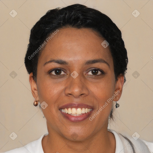 Joyful black young-adult female with short  black hair and brown eyes