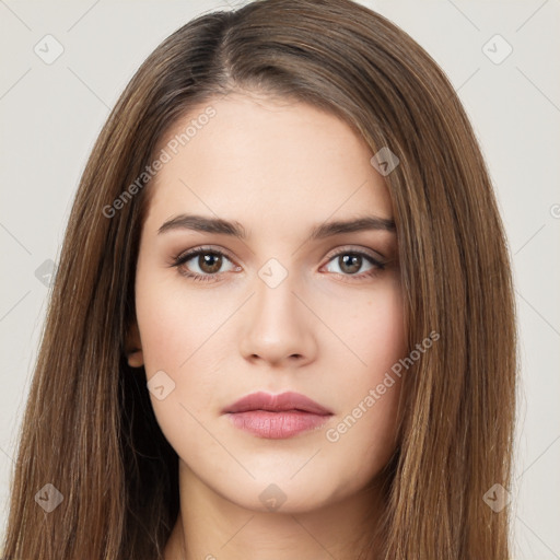 Neutral white young-adult female with long  brown hair and brown eyes