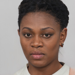 Neutral black young-adult female with short  black hair and brown eyes