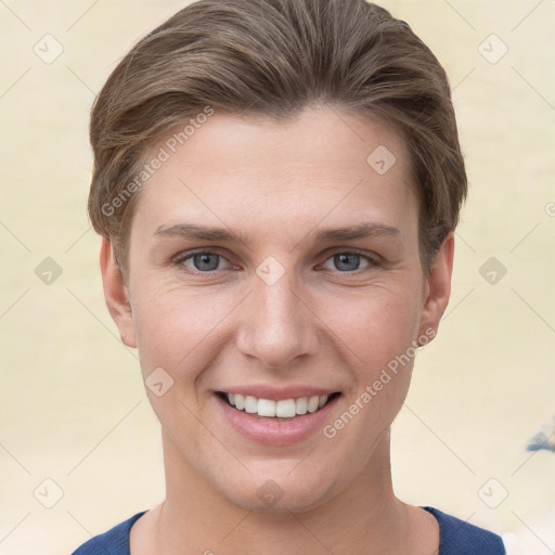 Joyful white young-adult female with short  brown hair and grey eyes