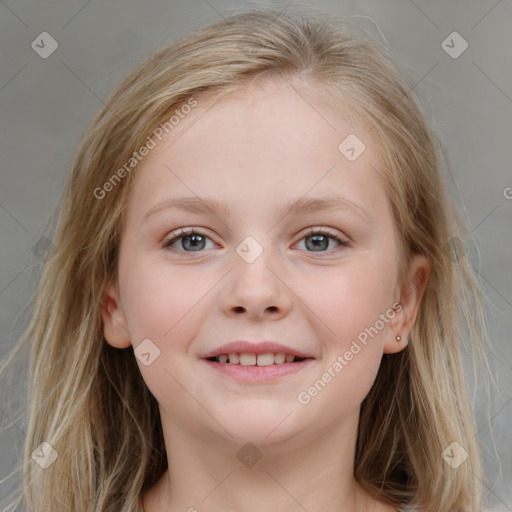 Joyful white child female with medium  brown hair and blue eyes