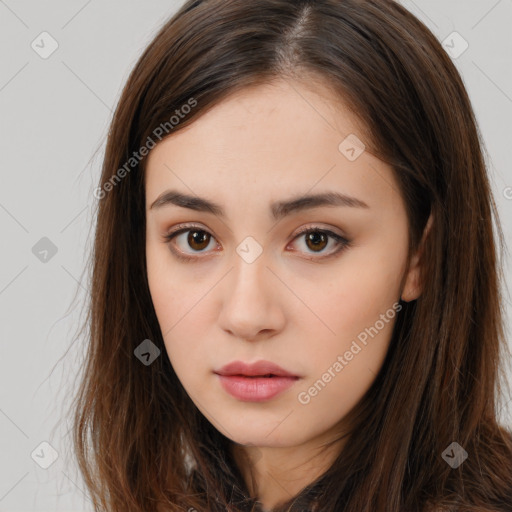 Neutral white young-adult female with long  brown hair and brown eyes