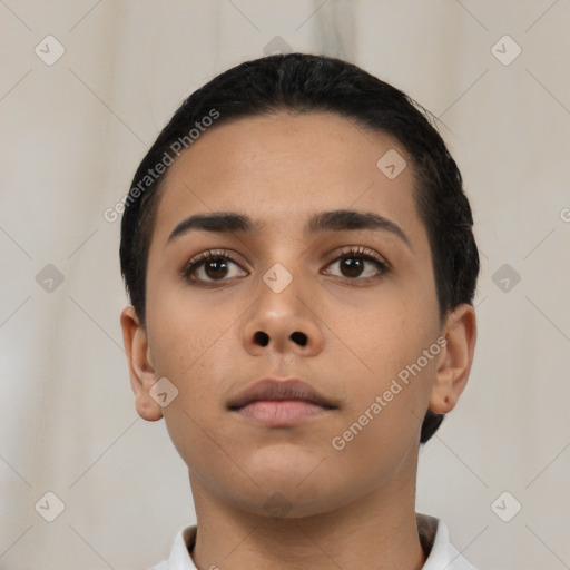 Neutral asian young-adult female with short  black hair and brown eyes