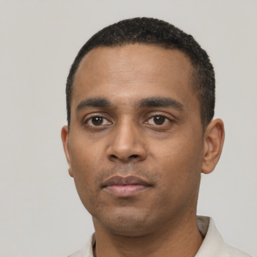 Neutral black young-adult male with short  black hair and brown eyes