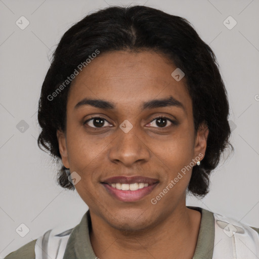 Joyful black young-adult female with medium  black hair and brown eyes