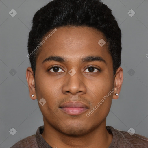 Neutral black young-adult male with short  black hair and brown eyes