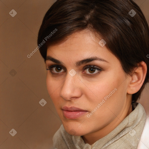 Neutral white young-adult female with short  brown hair and brown eyes