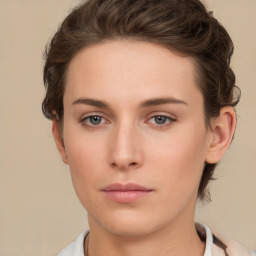 Neutral white young-adult female with short  brown hair and brown eyes